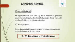 Estructura Atómica 
Número Atómico. (Z) 
Se representa con una zeta (Z). Es el número de protones 
existentes en el núcleo. La identidad química de un elemento 
queda definida por el número atómico. 
Z = Nº de protones 
En un átomo eléctricamente neutro, el número de protones 
es igual al número de electrones. 
Z = Nº de protones = Nº de electrones 
 