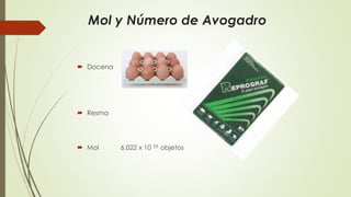 Mol y Número de Avogadro 
 Docena 
 Resma 
 Mol 6,022 x 10 23 objetos 
 