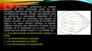 MODELO DE SOMMERFELD
En 1916, Sommerfeld perfeccionó el modelo
atómico de Bohr intentando paliar los dos
principales defectos de este. Para eso introdujo dos
modificaciones básicas: Órbitas casi-elípticas para
los electrones y velocidades relativistas. En el
modelo de Bohr los electrones solo giraban en
órbitas circulares. La excentricidad de la órbita dio
lugar a un nuevo número cuántico: el número
cuántico azimutal, que determina la forma de los
orbitales, se lo representa con la letra l y toma
valores que van desde 0 hasta n-1. Las órbitas son:
l = 0 se denominarían posteriormente orbitales s o
Sharp
l = 1 se denominarían p o principal.
l = 2 se denominarían d o diffuse.
l = 3 se denominarían f o fundamental.
 