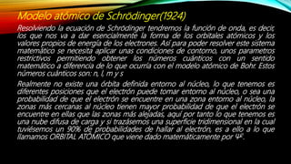 Modelo atómico de Schrödinger(1924)
Resolviendo la ecuación de Schrödinger tendremos la función de onda, es decir,
los que nos va a dar esencialmente la forma de los orbitales atómicos y los
valores propios de energía de los electrones. Así para poder resolver este sistema
matemático se necesita aplicar unas condiciones de contorno, unos parametros
restrictivos permitiendo obtener los números cuánticos con un sentido
matemático a diferencia de lo que ocurría con el modelo atómico de Bohr. Estos
números cuánticos son: n, l, m y s
Realmente no existe una órbita definida entorno al núcleo, lo que tenemos es
diferentes posiciones que el electrón puede tomar entorno al núcleo, o sea una
probabilidad de que el electrón se encuentre en una zona entorno al núcleo, la
zonas más cercanas al núcleo tienen mayor probabilidad de que el electrón se
encuentre en ellas que las zonas más alejadas, aquí por tanto lo que tenemos es
una nube difusa de carga y si trazásemos una superficie tridimensional en la cual
tuviésemos un 90% de probabilidades de hallar al electrón, es a ello a lo que
llamamos ORBITAL ATÓMICO que viene dado matemáticamente por Ψ2.
 