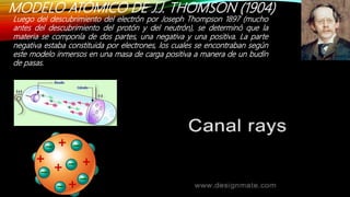 MODELO ATÓMICO DE J.J. THOMSON (1904)
Luego del descubrimiento del electrón por Joseph Thompson 1897 (mucho
antes del descubrimiento del protón y del neutrón), se determinó que la
materia se componía de dos partes, una negativa y una positiva. La parte
negativa estaba constituida por electrones, los cuales se encontraban según
este modelo inmersos en una masa de carga positiva a manera de un budín
de pasas.
 