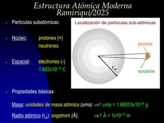 Estructura Atómica Moderna
Ramiriqui/2025
> Partículas subatómicas:
> Núcleo: protones (+)
neutrones
> Espacial: electrones (-)
1.602x10-19 C
> Propiedades básicas:
Masa: unidades de masa atómica (uma) 1 uma = 1.66053x10-24 g
Radio atómico (rat): angstrom (Å); 1 Å = 1x10-10 m
Localización de partículas sub-atómicas
protón
neutrón
rat
 