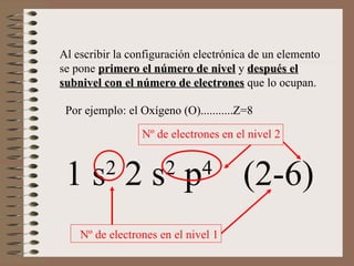 Al escribir la configuración electrónica de un elemento se pone  primero el número de nivel  y  después el subnivel con el número de electrones  que lo ocupan. Por ejemplo: el Oxígeno (O)...........Z=8 1 s 2  2 s 2  p 4  (2-6) Nº de electrones en el nivel 1 Nº de electrones en el nivel 2 