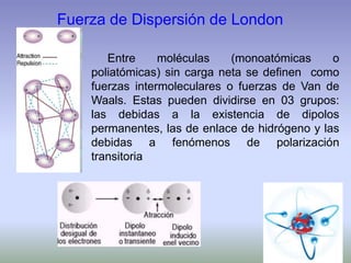 Fuerza de Dispersión de London
Entre moléculas (monoatómicas o
poliatómicas) sin carga neta se definen como
fuerzas intermoleculares o fuerzas de Van de
Waals. Estas pueden dividirse en 03 grupos:
las debidas a la existencia de dipolos
permanentes, las de enlace de hidrógeno y las
debidas a fenómenos de polarización
transitoria
 