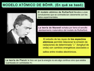 MODELO ATÓMICO DE BÖHR. (En qué se basó)
MODELO ATÓMICO DE BÖHR. (En qué se basó)
El modelo atómico de Rutherford llevaba a unas
conclusiones que se contradecían claramente con los
datos experimentales.

La teoría de Maxwell echaba por tierra el sencillo
planteamiento matemático del modelo de Rutherford.

El estudio de las rayas de los espectros
atómicos permitió relacionar la emisión de
radiaciones de determinada “λ ” (longitud de
onda) con cambios energéticos asociados a
saltos entre niveles electrónicos.
La teoría de Planck le hizo ver que la energía no era algo continuo sino que estaba
cuantizada en cantidades hν.

 