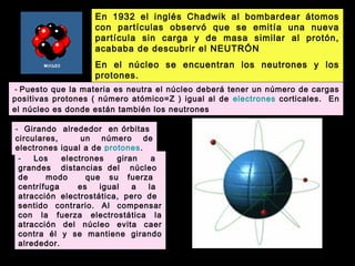 En 1932 el inglés Chadwik al bombardear átomos
con partículas observó que se emitía una nueva
partícula sin carga y de masa similar al protón,
acababa de descubrir el NEUTRÓN
En el núcleo se encuentran los neutrones y los
protones.
 - Puesto que la materia es neutra el núcleo deberá tener un número de cargas
positivas protones ( número atómico=Z ) igual al de electrones corticales. En
el núcleo es donde están también los neutrones
- Girando alrededor en órbitas
circulares,
un número de
electrones igual a de protones.
Los
electrones
giran
a
grandes distancias del núcleo
de
modo
que su fuerza
centrífuga
es
igual
a
la
atracción electrostática, pero de
sentido contrario. Al compensar
con la fuerza electrostática la
atracción del núcleo evita caer
contra él y se mantiene girando
alrededor.

 
