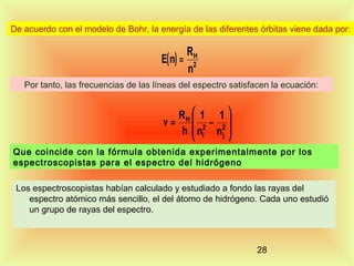 De acuerdo con el modelo de Bohr, la energía de las diferentes órbitas viene dada por:

E( n ) =

RH
n2

Por tanto, las frecuencias de las líneas del espectro satisfacen la ecuación:

RH  1 1 
ν =  2 − 2
h  ni n j 


Que coincide con la fórmula obtenida experimentalmente por los
espectroscopistas para el espectro del hidrógeno
Los espectroscopistas habían calculado y estudiado a fondo las rayas del
espectro atómico más sencillo, el del átomo de hidrógeno. Cada uno estudió
un grupo de rayas del espectro.

28

 