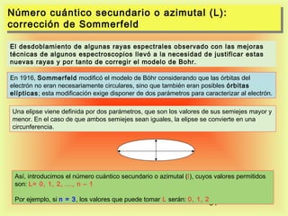 Número cuántico secundario o azimutal (L):
Número cuántico secundario o azimutal (L):
corrección de Sommerfeld
corrección de Sommerfeld
El desdoblamiento de algunas rayas espectrales observado con las mejoras
técnicas de algunos espectroscopios llevó a la necesidad de justificar estas
nuevas rayas y por tanto de corregir el modelo de Bohr.
En 1916, Sommerfeld modificó el modelo de Böhr considerando que las órbitas del
electrón no eran necesariamente circulares, sino que también eran posibles órbitas
elípticas; esta modificación exige disponer de dos parámetros para caracterizar al electrón.
Una elipse viene definida por dos parámetros, que son los valores de sus semiejes mayor y
menor. En el caso de que ambos semiejes sean iguales, la elipse se convierte en una
circunferencia.

Así, introducimos el número cuántico secundario o azimutal (l), cuyos valores permitidos
son: L= 0, 1, 2, ..., n – 1
Por ejemplo, si n = 3, los valores que puede tomar L serán: 0, 1, 2

34

 