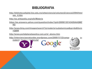 BIBLIOGRAFIA
http://bibliotecadigital.ilce.edu.mx/sites/ciencia/volumen2/ciencia3/094/htm/
sec_4.htm
http://es.wikipedia.org/wiki/Materia
https://es.answers.yahoo.com/question/index?qid=20090130143426AAQMZ
RS
http://www.bing.com/images/search?q=materia+subatomicaa&qs=ds&form
=QBIR
http://www.portalplanetasedna.com.ar/el_atomo.htm
http://intercienciasnaturales.wordpress.com/2009/11/12/composicion-de-la-
materia-atomo-y-molecula/
 