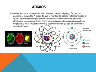 ATOMOS:
El nombre «átomo» proviene del latín atomum, y este del griego ἄτομον 'sin
porciones, indivisible‘ A pesar de que el nombre de este lleva tal significado el
atomo esta compuesto por lo que son particulas sub-atomicas; protones,
electrones y neutrones. Estos como ya se cito antes llevan cargas positivas,
negativas y nula, respectivamente y pueden ubicarse ya sea en el nucleo o
sus alrededores.
 