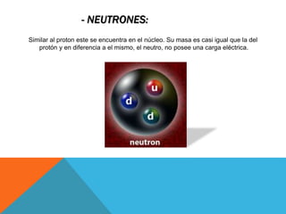 - NEUTRONES:
Similar al proton este se encuentra en el núcleo. Su masa es casi igual que la del
protón y en diferencia a el mismo, el neutro, no posee una carga eléctrica.
 