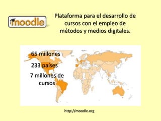Plataforma para el desarrollo de 
cursos con el empleo de 
métodos y medios digitales. 
http://moodle.org 
72 millones 
235 países 
7 millones de 
cursos 
 
