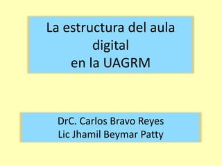 La estructura del aula 
digital 
en la UAGRM 
DrC. Carlos Bravo Reyes 
Lic Jhamil Beymar Patty 
 