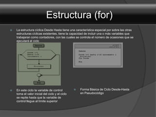 Estructura (for)
   La estructura cíclica Desde Hasta tiene una característica especial por sobre las otras
    estructuras cíclicas existentes, tiene la capacidad de incluir una o más variables que
    trabajaran como contadores, con las cuales se controla el número de ocasiones que se
    ejecutará el ciclo




   En este ciclo la variable de control            Forma Básica de Ciclo Desde-Hasta
    toma el valor inicial del ciclo y el ciclo       en Pseudocódigo
    se repite hasta que la variable de
    control llegue al límite superior
 