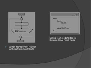 Ejemplo de Bloque de Código con
                                       Sentencia Cíclica Repetir Hasta


   Ejemplo de Diagrama de Flujo con
    Sentencia Cíclica Repetir Hasta
 