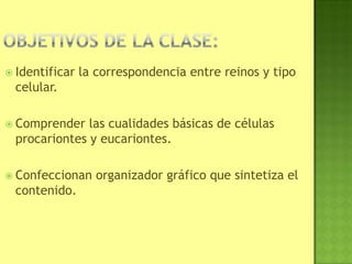  Identificar la correspondencia entre reinos y tipo
celular.
 Comprender las cualidades básicas de células
procariontes y eucariontes.
 Confeccionan organizador gráfico que sintetiza el
contenido.
 