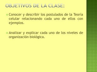  Conocer y describir los postulados de la Teoría
celular relacionando cada uno de ellos con
ejemplos.
 Analizar y explicar cada uno de los niveles de
organización biológica.
 