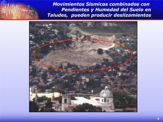 Movimientos Sísmicos combinados con  Pendientes y Humedad del Suelo en Taludes,  pueden producir deslizamientos 