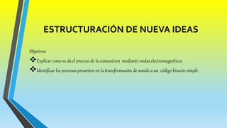 ESTRUCTURACIÓN DE NUEVA IDEAS
Objetivos:
Explicar como se da el proceso de la comunicion mediante ondas electromagnéticas
Identificar los procesos presenten en la transformación de sonido a un código binario simple.