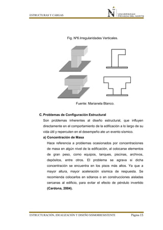 ESTRUCTURAS Y CARGAS
ESTRUCTURACIÓN, IDEALIZACIÓN Y DISEÑO SISMORRESISTENTE Página 15
Fig. Nº6.Irregularidades Verticales.
Fuente: Marianela Blanco.
C. Problemas de Configuración Estructural
Son problemas inherentes al diseño estructural, que influyen
directamente en el comportamiento de la edificación a lo largo de su
vida útil y repercuten en el desempeño ate un evento sísmico.
a) Concentración de Masa
Hace referencia a problemas ocasionados por concentraciones
de masa en algún nivel de la edificación, al colocarse elementos
de gran peso, como equipos, tanques, piscinas, archivos,
depósitos, entre otros. El problema se agrava si dicha
concentración se encuentra en los pisos más altos. Ya que a
mayor altura, mayor aceleración sísmica de respuesta. Se
recomienda colocarlos en sótanos o en construcciones aisladas
cercanas al edificio, para evitar el efecto de péndulo invertido
(Cardona, 2004).
 