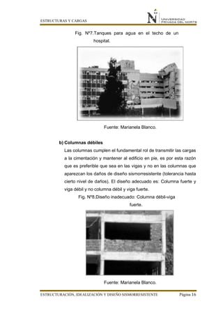 ESTRUCTURAS Y CARGAS
ESTRUCTURACIÓN, IDEALIZACIÓN Y DISEÑO SISMORRESISTENTE Página 16
Fig. Nº7.Tanques para agua en el techo de un
hospital.
Fuente: Marianela Blanco.
b) Columnas débiles
Las columnas cumplen el fundamental rol de transmitir las cargas
a la cimentación y mantener al edificio en pie, es por esta razón
que es preferible que sea en las vigas y no en las columnas que
aparezcan los daños de diseño sismorresistente (tolerancia hasta
cierto nivel de daños). El diseño adecuado es: Columna fuerte y
viga débil y no columna débil y viga fuerte.
Fig. Nº8.Diseño inadecuado: Columna débil-viga
fuerte.
Fuente: Marianela Blanco.
 
