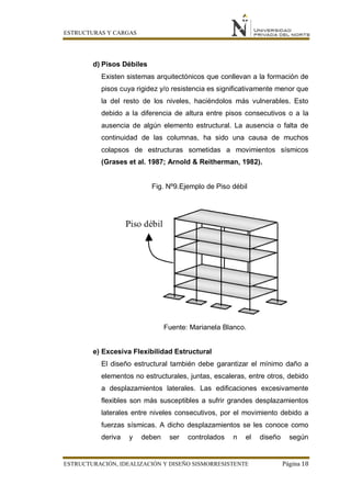 ESTRUCTURAS Y CARGAS
ESTRUCTURACIÓN, IDEALIZACIÓN Y DISEÑO SISMORRESISTENTE Página 18
d) Pisos Débiles
Existen sistemas arquitectónicos que conllevan a la formación de
pisos cuya rigidez y/o resistencia es significativamente menor que
la del resto de los niveles, haciéndolos más vulnerables. Esto
debido a la diferencia de altura entre pisos consecutivos o a la
ausencia de algún elemento estructural. La ausencia o falta de
continuidad de las columnas, ha sido una causa de muchos
colapsos de estructuras sometidas a movimientos sísmicos
(Grases et al. 1987; Arnold & Reitherman, 1982).
Fig. Nº9.Ejemplo de Piso débil
Fuente: Marianela Blanco.
e) Excesiva Flexibilidad Estructural
El diseño estructural también debe garantizar el mínimo daño a
elementos no estructurales, juntas, escaleras, entre otros, debido
a desplazamientos laterales. Las edificaciones excesivamente
flexibles son más susceptibles a sufrir grandes desplazamientos
laterales entre niveles consecutivos, por el movimiento debido a
fuerzas sísmicas. A dicho desplazamientos se les conoce como
deriva y deben ser controlados n el diseño según
 