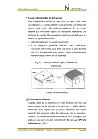 ESTRUCTURAS Y CARGAS
ESTRUCTURACIÓN, IDEALIZACIÓN Y DISEÑO SISMORRESISTENTE Página 20
f) Excesiva Flexibilidad de diafragmas
Una configuración estructural adecuada se logra, entre otras
consideraciones, conectando las líneas resitentes con diafragmas
rígidos, para lograr deformaciones uniformes. Es importante
resaltar que considerar rígidos los diafragmas representa una
hipótesis de cálculo. El comportamiento flexible del diafragma se
debe a las siguientes razones:
 Material inadecuado o espesor insuficiente.
 Si el diafragma presenta aberturas para iluminación,
ventilación, entre otras, cuya área sea mayor al 20% del área
total. Una forma de solucionar esto es colocar adecuadamente
elementos rigidizadores en las aberturas.
Fig. Nº12.Vomportamientos rígido y flexibles del
Diafragmas.
Fuente: Marianela Blanco.
g) Columnas no alineadas
Cuando varias de las columnas no están alineadas con los ejes
predominantes de la estructura, se dice que no existe claridad
estructural. Esto impide que se pueda determinar con mayor
precisión las acciones sobre los elementos de la estructura.
Además, se introducen efectos secundarios en el diafragma, que
producen agrietamiento por concentración de esfuerzos (Arnold
& Reitherman, 1982).
 