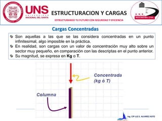 ESTRUCTURACION Y CARGAS
Ing. CIP LUZ E. ALVAREZ ASTO
ESTRUCTURANDO TU FUTURO CON SEGURIDAD Y EFICIENCIA
Son aquellas a las que se las considera concentradas en un punto
infinitesimal, algo imposible en la práctica.
En realidad, son cargas con un valor de concentración muy alto sobre un
sector muy pequeño, en comparación con las descriptas en el punto anterior.
Su magnitud, se expresa en Kg o T.
Cargas Concentradas
 