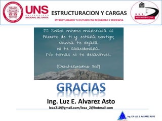 ESTRUCTURACION Y CARGAS
Ing. CIP LUZ E. ALVAREZ ASTO
ESTRUCTURANDO TU FUTURO CON SEGURIDAD Y EFICIENCIA
Ing. Luz E. Alvarez Asto
leaa210@gmail.com/leaa_2@hotmail.com
 