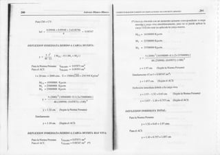 Antonio úlanco Bltsco
2lt1
1l
Esf{r.tcTuRÁclol Y t tsF¡o D[ Eolr¡crctoNEs os mN¡-RFTO
^I¿VADO
Prr¡ CM+ CV:
= 0.08347
0.09948
+0.099t8+ 2¡0.06746
NEI'LEX'ON ]NMEDTATA DERIDO A CARGAT'UENTA:
fMcL-0.1(Mr+Mrl
P¿m
laNofira Perüana:Irr¡¡,o = 0.0?871mt¡
ParaclACI: Irr¡¡lo = 0.09395
mt{
I = 20ma.= 2ü)0cms, E= lffi{2ao = 250998KEcm2
Mcl= 1040fr00Kg¡cm-
Mr = 23000ü)0K!¡crn.
Mz = 23000000
Kg'cm.
5(20m)¿
t 10400000-0.1
(2x23000000)
l
5t2
, 48 EI
48(250998)
(0.0?E?l)
( 100)1
y = 1.32cm. (Scgúnl¡ NofmáPerüana)
Similamente
y= l.l0cm. (Según
elACD
DEFLEXIONINMEDIATADEDIDOA CARGA
MUERTA
MASVIVA:
Pa¡_¿
laNorma
Peruar¿: Irn¡uo = 0.O787t
mt'
Pamel^Cf: ITRAMo
= 0.0E347
mf (')
(*) l¡cniil obl¡inidxconu mo|r|eoto
adü¡ tecorrcsfDndlcolc
I c¡Úga
nrucr{ y c
'!¡'
liva sinr'rllft||rami:Dtc'
nu(sn" $ nuedc
¿{'licÚl:i
c:Ú!rviü sincstiÚ
yaanlicrd¡la(:Úg:r
nru|rrl:r'
Mcl= l6l(XXX)0
Kg'cnr'
Mr ' 3-17(fim Kg'crrr'
M: = 33700000
Kg'cn¡
5(2(fn)2ll6lüm0-0.1(2f33?0m00)l
t -
48(25gr8)(o.o7s7l)
(loo)4
v = |.97cm. (Seliún
laNofm¿
Pcru¡n¡¡)
Simil.úrenlc(Cotr
I = 0'083d?
mt¡)
y = 1.65?cm. (SegÚn
elACt)
DcncxktD
inmcdtú:r
debida
aInc:¡rg¡r
vNa'
y = 1.9?
- L32=0.ó5cfn. (Scgi¡o
InNomnPcrüa¡a)
y = 1.857
- l l0 =0?57(m (Segúr
elACI)
D E,'-
I.EXIONINT'EDIATATOTAI;
P¡r¡ l¡ N¡rmaPenana:
Y=!.32+0.ó5=l97<ms
Pa'¡elACI:
')
y = LlO+0.757
= 1.85?
on
 