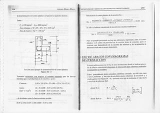 Ank tú' BIdt.o ltlút.o
215
ESTFT'CIUFACION Y O¡S€ÑO DE EOIFICACIONESOE CONCRETO ARMADO
l:rdctenni¡hcióo{lcl rcnln} ¡líLticos! lün:idc h siluicntc nriirrcr"¿:
D¡tos;
l¡ =llu[!Yc l' lY=4ll¡¡kq/cllf
^rca
colu|nfla= 30 x 25 + 25 x 55 = 2125cm2
Arc¡dcAccm
= 8o l" =,10
cm¿
Scccióo piüa cjcmplo dc dclcn i¡r¡cirtn dc ccrrro plástico.
figura lX - 5
To¡núnos nxnrlenlos con resoljclo ¿Llextrcnr) izouieÍlo p¿ra I¿{ lücrl¡s
nlá(imas queliepr(xlucifí¿n
enel conc.ct) y.rccn) :
Co¡rcreto
: 0.85
x 210t{10x 25)(10)+ (25x 55)(12.5)
l
Ace¡o
: (2x 5)(a200 0.85
x 210)
(.18.75)
+
(291"
= 5cm2) (3x 5)(4200
-0.85x 2l0l (25- 6.25)
+
(3x 5)(42m
-0.85x 210)
(6.25)
y lodividimos
entre
lafuerza
mÍximapsible :
(0.85
x 210)
(2125)
+ (40)
(4200
-0.85x 210)
8.122e68.?5
+ lgll)4s
l:?¡ l-l !3(!l6.li7
+ 37?015
62 = 22.01cms
Si s{iloschubicftconsidcr¡do
Iasccciórr
dccorlcrctt)
tcodr¡nr)s:
Xo=
(25x55,
t ( 12.5
r + (25x10rH{})
- - -i115- = 22.2clrs
I, ri|cl(irnrpft'p¡Nr,¡.iJo
rxtl¡:ry
'r¡¡¡
drl':rLrrcir
irrrPorlJrrlL
cirlrcrl ('r)tñr
or¡r"r¡,.'
v , i ctrfro JljlrirrrtirJ d( lr '((i'irr brutxJc '''{xrtl" n(n' f'
i;;;;i"'il rlc¡crr<ticntto
oc l¡ cu¡r¡rtía
del rcrucr/¡)v d€ strnsi¡netrí¿'
la
ditcrch-i:l scránrilr o mcüosir¡lfx)n¡ürc'
-USO
DEABACOS
CONDI4T}84A4;
()hldEnü)s cl cc |rt)nlÍslico dc la scccith Xo
'
dondr
K cs:
-wtME&AgelAN
Ilxircn publicnci(loes
de ACI y dc oú¡s iristitu¡-i esdondcscindicrurün¡ se_
ric de Íb:lcosconteniclldo
dia!:rünasdc ill|craccióo¡il¡¿ colunltr¡scuiLdr¡da'
rcctil)qul¡rias Ycirculffes
Eslos gcocr¿ll¡rcnlc tieÍcn ¡nlndur¡ siilólric¿ coltxld¿t en sólo dos ciriL
"cn"l
r*tiu,"¡t" y I'xnsrLl d{rr¡rlli|rirh niÚ¡ ci'lütrrn:ÁLL '(Ccir'n
b.} t
(urksq;n rx (vcrI iSun'lX _ól ¡c¡rtrrrdocrrcl(lcJctrrd(¡rildirtlr'ú'rrocÑ
y c el cjc dc ¡bsris¡s Kdl'
(Pu)c
ta./t = =
(A-q f. ) t
foo=0.,
-l
L""=":l
Mu
dondeKcy'tes:
brt f"
 