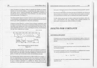 Antorio Blanco l dsco €srnucruuactor¡
YDrsEflo
oEEDri
rcacroNtsDEcoNcnEfoaFr¡aDo
Anlcsdc Íp¡rrcccr
l¡s prinrcftsñsuras
de racciónF)r flc¡ión,el comtxr-
liünlcnlo
esclcnci¡l rcn(c
clfstico,y d aümenhfsc
lascargas,
k fucrz:l
cof-
l¡otc pucdcorigillarcsl¡crzori
prircipalcs
qucsobrcp¿sen
la resistcncii
eo
t-r.|(]cir,)lr
dclconcrc(',poduciónd(,sc
lisuras
inclinad¡s
¡ üDit
¿l(ur¡r
¿proxina-
d¡ dcmcdro
ncr:rhc
(Verfigur¿
X- l)-
llslaflsur¡spucdcfl
rlrrcccren puntr)s
donde
noexistcun¡lfisurato¡ flcxión
o,frocucolcürcn(c,
pucdcD
p.escntt¡15c
cooro
unaconai
nuációü
dcuDa
fisur¿
c¡l
llcxitln,qucciun
bi¡ gr¡du¿lmc¡tc
dcdirccciór,
ircliflándosc.
Al puccc¡Lrnsür¡dirgo¡rl y crtcndcrsc
hrciael bloqucconrprirrido,
caüsa
cl col¿pso
dclclcnrcn
tr),obtc i¿ndosc
ladcnominada
fall¿porü¿cción
diirgl>
nrl;pucdc
ocuÍir r¡nrbióo
quclal¡lllr sc¡¡
por¡pllstánr¡cntodcl
bloquc
dccon-
crclocofirpnrnidopucséstos€rcduccalproloflgarsc
la fisur4 dcoo¡rinándosc
es(ct¡pocomocompresión
txrrcortante.
Tiposdc¡gricl¡miento envigasdeconcrclo.
l'igura X-r
I1sinporhnlcindi{:irrque
noescooveDicnlcquc
cnunelcmcntosc
pueda
dc-
s¡ffollaf dgunil'sdceslasf¡jlas, aJfcsqucscpresenle
Iaflucnci¿dcl acerofx)r
flcxióo, pucsloquccslrs f¡ll¡s scprcserlanripidamentca defonnncioncs
pe-
quc¡i¡s,rcvclxndoquclircstructura
noücncum ductibilidad¡dccuada.
Si cl elcmentotienerefucr¿otm¡$vcrsxlenel al¡u (cstribosfnr cjcmplo),sü
tiencunco¡nporurmiento
inicial nrüyparccidoal c¡soanteritr, conladifcrcn,
ciaquclasprime¡¿fisurasquclicndcnaaparecer
soflcongot*t:r_s
cosucspe-
sor por cl rcfuerzo tfilr.svcrs8l.I-¡ cnntidaddc rcfucr7o ¡ransvers{l no
coutribuyccn fomn ¿p¡eciable
a rcsistirloscsfucr¿os
ioclinadosdetr¿cciún
,/ r.,2¿lltl
hrsu ques! fo¡n¡"rt¡snrinrcrns
lisnft intlinad¿s
(dcntuypcqücao
cspcsor).
¡l cnsrvos
dtrhh)ftrtorioschr obcrvado
qucl¡ rcsistcncir
¿r
krsefcclos
de
fucr¿il
ú)n¡Dc dcuoclcfilcnloco¡rrcfr¡crzo
tiutsvcrsnlcsi! uala surcsistco-
ci¡ ir¡¡¡grict¡nric¡rlo
ir|clirrn(¡o
t ris]nünüribucithdcl¡cfucrzo
transversirl
Sc¡lcb(s!ñrl:rrqucftrrll quecl rcluc.rotr:mslcrsal
scaefcctivo,
dcbccolo
c¡rsc ir cspaciiunicrltr)s
t¡les rluc cualquier
nsur¿inclhadl potcncial,
scn
aúiryuvdr o cru¡.,ir Ii)r um vüill¡ dcrclucr¿oe0cl alma
DISENO PORCORTANTE
GENERALIDADES
lll discr'¡o
dcLLsccci(nrcs
tnrnsvcr!¡lcs
dck,sclenenk)s
suictos
a fü€rz¡cor'
t¡¡rcdcbcÍitnr$rcscgúrkrind¡crdocn
lrlNorNaPerua¡¡col sisuienlcex'
vu < tVÍ
Dt)ndc
Vü eslarcsistcrrcil
rcqu¿rid¡
porcort€enlasccció¡r
¡n¿lizzúiy V¡ cs
la rcsislcoci¡r
nomil]¡J.
Lrreislerrci¡nomi¡¡i vn eslüí cortonnada
porl¡conribucióndc¡concreo
Vc y porh contribucióodcl lccro Vs dcaalfoma quc.
Vn = Vc+Vs
L¡ l-ucrá deeortcVu scpucdclomrr a unadistanci¡ d dcl apoyop¡fa los
 