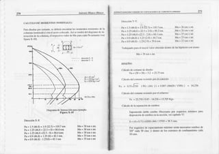 27ll Ant¡' Iit' I¡ldn. o It Llsco
CAI,CU
U) DI' IIft)T1DNTOSNOTIINAI'LS :
P¡rr discñr.fx'rconanlc.
scdcbcrii
e0c(ni¡¡¡k)s romenlos
rcsistcolcs
dc la
cohr¡n¡ (rl(nnir¡nlcs)
co¡lclircnr colocrrl)
^sí
sclcoddr
dcldi¿gnur|¡
dcr|l-
lcrilccirin
dcl¡ colünrrr|,
c¡rcsPeclivo
vrlordc l'lnlari c:rdá
lt ¡clü¡o¡c(vcr
liluft X-10).
xz'-- x
frrnl
.50 r,
---- )
Dragr:ünr
delntcracción
pard
cjsndo.
F¡gura
X-10
Dirccción
X-X
Pu
-
1.5
(46.8)
+ 1.8
(22.5)
= ll0.?roo.
Pu= 1.25
(4ó.8
+ 22.5
+ 0)= 86.6
ton.
Pu= 1.25
(46.8
+22.5
- 0)= 86.6
ü)m.
hr = 0.9(46.8)
+ 1.25
(0)=42.1ton.
Pü=0.9(4ó.8)
- 1.25(0)=42.1
ton.
Mn=38tonxmt
Mn=38looxmL
Mo=38tonxmL
Mn=35lonrmL
Mn=35tonxmt
ESTRUC]UNACO¡¡Y D|SEÑOD€ EDIF¡CACIONES
DE CONCFETOAFMADO 277
l fllbda|rl) p.tr¡ ijl tr¡¡yorvd(robtcnido dc0trodc lll'shipÍ'lcsiscon s¡snro
t)¡rcccifiY-Y:
Pu= 1.5
(.16
8)+ I 8i22.5)
= 110.7
nn¡.
h' = t.25(4ó.8
+ 22.5
+ 20)= 8r.2r{nr.
l,ü= l-25{{6.¡j+22.5
- 2.0)= lÉl.llotn.
l'u= 0.t(4ó.8)
+ 1.25
(2.{))
='l-17
k
Pu= 0-9(4ó.8)
- 1.25(2
0)= 39.6
{,nr
Mo= 3st(nx ml.
DISI'ÑO:
Cflcukrdccort¡ntc
dcdiscio:
Vo = (38+ 38)= 3.2= 23.75
tnr.
a-ílcubdctcor¡rr)lc
rcsistido
fx)rcl concrclo:
Mo:26 on x $1.
.Iú) = 26hn x nrl.
N,fl= 25l.'¡r¡ mt.
MI = 23llnrx nü.
N,ln
= 22lur x nn
vc = o.¡¡fi (10)(4J)ll + 0.m7
(86620,/
1500)
I = 14,236
Cálculo
delcorurrtc
resisúdolorclr€l¡crzo:
Vs = 23,750/0.85
- 1,1,236
= 13,705
Kgs
CírlculodeIascprü¡ci(nr
dc ost¡rbos:
Suponicndo
dot'lc csritx) (Ncccs.r¡io
por rcquislos¡|ltuilnosp{ra
disfnsicií dccsl¡ibos
cnlaseccióo,
vercapfuulo
V)
S= (4 x 0 7l) (.1200)
(44)/ 13705
= 38.3c ls.
Itor rcquisitosdecsp¡ciámi€ntomÍxinro scrín necesarios
cstribosdc
3/8" cada30 cns. y dcnlro d€ los csrenros dc coüfinamicnlocadir
l0 cms.
 