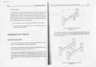 tril rtt¡l ¡Lr¡
!a(rol.¡ Y Lts{ o If r olFlcac¡o¡lts Or coNCRFTo A¡rrnaDO
^lttrtü'
ltladco ltktr.o
272
L.r coodicÚrrdti co(r¡rtii ohtcniúr ¿ll bile a los nx nefllos ¡lolri¡rlcs ci$i
rirnrpro rcsullirtrr{lorlirl:r¡rlcú cld¡scño;sc lrcstrr¡¡n ü$t's dorrdcfxreslt)ri
rcqu¡irirnicn¡' li)scorl:Lntcs
ohtctridos
sLtlcñr¡r
l¡Úgr¡¡rcrrl€
lt del r¡llisis' ir'
(tuso c(nr!¡lofes srrlcriorcs¡rIltl lccss et cor|.|nlcdcl álisis lll distñtrü)r
dchi considerirr
crl cslecro si csiustilicublc uo ilcrcnrcnlo l¡n nn¡on¡nl! y
Fra sudclcnllillllcith lodríiLtotr|ltrcr]cuelll¡l:
¡) Sielcdil-rcn)ts(Írcoof(lnnÍlo s¡'loI¡'r colt¡trr¡ürs
o si e(isrc pl:tr¿Ls
l.) Si .u Llis(no
(rr niir,(lirrPrcsr,nr
I
'i'l
túnrrr¡hdoft)r (:rr:l¡t
vLtti_
c¡les o F)r ciÚgi$dc sIsmo.
TORSIONEN VIGAS
GENERALIDADES
lir¡lilscslructur¡s
scprescnrr¡l
dos(itx)s
deloniión,
un¡deno¡ninad¡
torsión
dc
equilibrio
y otr dcnomi)¡drlorsión
dccomp¡tihilid¡d'
lir lll rorjión dceqüilibrioelmo rcntolonjioo¡o¡eesindispeos¡ble
f|:úr g¿r:rn-
riz.úelcquilibrio
dcl¡estructura
(Verñgür¿
X'l l)'
En l¡ torsióndccompllibilid¡il el n¡onrctrloionjiooaorcseorigiÍa porcl giro
dcl elcmentoa fin dc m¡0tcnerla comp¡ubilidid dedeformaciones-
En este
casoel momentotorsio aotesePuedc
reducirmediáflela rcdistribuciól dclas
fúer¿as
intemas.Est¡)ocumrl, porejemplo,enunavig¡ deborde(Ver figur¡
x-t2.
'Ittrsirirdc!quilrhrii'(e l¡viSaVI)
I¡,¡or! X'll
I I fl iI li'ri ('ltu(t¡rr:,1
(¡!rrtr(r,irrl (ltiti(o fnJ'nh c"tbrtlcr'Ú¡rrru'rl
.firtrrrn.t(ofi:rl.jrrl¡
(tr'rrlftrhr
lrtr'rr{ri¡lr.
Ll fi':itl(rol ll(nn y n nl'lo(/ f¡l
i.,i.',;", i:.,' ¡*i:, ¡rr".,) r h c(ntrl¡rihilitlrd dc tleti'nturci('rcs'rcsoh'erlirs
ir¡.(l:nil¡ I¡illcrcllrlr(
Ii¡rs¡ón¡lcco'np tibi¡iditd(cn lasvigasV2)
Irigur¡x'12
 