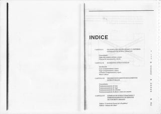)
)
)
)
)
)
)
)
)
INDICE
CAPITULO T
)
I
FILOSOFIADEL DISEÑOsISM¡Ct) Y CRNIRIOS
CENNRALESDE ESTRUCTINAC|oN
F¡llr ¡És ¡úr¡ .t¿U{b. ¡ tim
C¡iErir d. €btu¡ó!
'
iticio
CA¡ITUTOT EITMENTOSESTRUCTUR,ALES
16 (lmp..r¡ni.do y riPc)
vbü (@¡Fd.n¡ato YúFc)
Cotum$ (@dpoí.ni¡!o Y¡iPG)
CAPITUT¡ [I PTEDIMENSIONAMIE¡{TODE ELEMENTOS
ESTRUCTU¡ALES
Hiffiiodmi¡ro ¡lclo.a
Pr diBñi(Úicúro .¡. ügú
Pr.dir6ibúi.dod.6lu¡lN
P¡.diúciruicfod. d¡d o ¡|tru d. Mc.do
CAPITUIO ry EIEMILOS DEESTRUCTUIACIONESY
DIMENS¡ONAMIENTOsDE ED|FTCIOS
DE CINCRETO ATMADO
Edi6cir'Cdúddn Cúú¡l d. l. R.Ftb¡á"
Ediaf,io'AdE[ dd C.l¡o"
l
I
3
5
l5
l5
15
25
lo
35
35
35
l9
¡ll
43
45
)
6
 