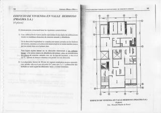 r94 Aatoaio nhaco ltlar¿u
EDIT-ICIO DE VIVIENDA EN VALLE HERMOSO
(PRAGMAS.A.)
(4pisos)
El ph lcir¡niont¡)
cstructuraltic||el¡lssigüic|rlcsclr.rctcrísticas:
I) Ilsh ed¡lic¡rción
dc4 pis¡)s
f'ocdcrcnrcscrrtár
€l ü.s¡)típic'odccdiñcaci('[cs
dondcsccDnrbiü clcn¡cntos
dc cf)ncreto
ar¡mdoy albol'lilcrÍL
DnI¡ dircccnh hrg¡tudio¡l sccülhba coo¡nurix ccniulñ enlos lit|(lcrus
del lefreno, ricr¡tr¡Ls
enladir€cciónú¡ svcrsalnosctenAomücl¡osn¡uftx
por noex¡súrés(os
eoel 0rimerpiso.
l'i'rr logÉr rigt{te¿lat€r¿t efl l¡ dircccór F¿nsvcrs.dy oo sobrces-
l@E a lo5¡)c1J6¡¡lürosde¡lt,tuiilería del frrlncr fris{r,seco¡Bidcnron
.(! dosDl¡rüLs
decoflcrclo ¡r¡Iádo. üoa cn l¡ cajadcl a-s&:t¡s¡ryorn|c ct
cjc D, adcnúsdcbuscár
colufirn¡scüt pcraltceocstndirec:cióo.
2) Losaiigcmdosfueror de 20cms.dc cspesor,
rcniéo&)sc
unpo(¡ ¡justado
cste ocraltcsólocnclcrsodelpriio D-Ccn(rccjcs2 y l. ládirección dct
ieclHdosevarióscgú[ l¡¡sdifeÉÍes lüccs y ?¡nrs existefltes.
Y D|s€ÑODEEDIFICACIOI'IES
D€COTTCF¡ETO
AFMAoo
1
i-.L-l
!
m
I
i
T'
ffi
ffi
f'l-
I i¡
"
iilii
M
¡
t!
-
t-t-l
r'---11
ffi
ifr
fit
tl-l
EDIFICIO DE VIVItrNDA EN VAI,LE HERMOSO (PRAGMA S'A')
(4 P¡sos)
Arq . RiciÜito
Mrnin ilc Ross¡
 