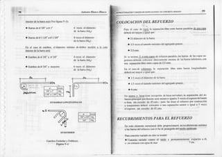 Anaonio lthnco Nasco
aBarrasd€O3/8"¡ol"
t B¿rras
dcó I l/8"¡r, I 3/8"
Dn cl c¡so de cslritns,eldifmcúo
intcriordcIaba¡rqjg4ii
a Est¡ibos
deO3/8"a ó 5/8"
a Lstribos
deo 3/4"y ¡nayores
6 vecesel difnctro
dc laba¡r¡ (6{-lb)-
8 vcccsel dilmetro
delabarra(8dd.
nú0i¡nodedoblczÍrcdido a la
4 vecesel dituncro
dc h ba¡ra(4dJ.
6 vclcs cl d¡fnrctro
de la bar¡a(axl -
)
¡l/8 ¡Il/8
¿r+
'"I
EN BARRASLONGI¡¡JD¡NALES
Ganchos
Lstánd.r y Doblcces.
¡igura V-l
{+P¡¡....
Y DlsIiÑO DEEDIF]CACIONIESDE CONCRETOARMATX)
'LOCACION
DELREFAERZO
Paft cl cn$ dc y!!:$ tr scpración librc cnlrc bafts Par¿rlchs
qgll]jlglpl
debcráser rl<x o:iÑl! quc:
a IrldiluDcúo
dch b¡í¡.
a I.3 vcccs
cl Lurú¡lo
mixino dclrgrc-! logrucso.
4 2.5cnrs.
Si scluvicn-2-li!.!i!19:!A dc rclucf7-o
p¡r.ielo' lils büra! dc lasc'¡P¿rs
st¡-
periorcsdcbcrfu cok)carscdirccti lrc te cnciflr¡ dc iiLsbür¡s ilfc¡ioros' con
ün¡rscpar¿ción
librccnúcc¡pasdc2.5cms
Eo cl casodc clr!!ryls, l¡ scp¡¡aciónlibrc cntrc brmasl¡rngitudin¿lcs
dcb.ril scrflúYor o rsunlquc:
a 1.5vcccs
cl diír¡nctro
dcla t¡"trrir'
a I .Jvcctscl tu¡ai¡omáxnno
dclagrcgado
g'ucso'
l-'r n'urosy l,!rtl((¡n (rc(lrxrrr üt Iu¡L
ncrvrJls).1¡slt:ÚirciÓo
dcl rc_
fucr¿o
prirrcipal
porflcxnir¡seránrcnoroigu¿lr 3 vcccs
elospcsord€lnruro
o losa,sincrccdordc ''l5ctlls; P:ú¡¡laslos¡scl rcluc¡¿l)
porconÚaccttln
y tc¡nncratuft
deherácokrarsca unirscpa¡aci6o
menoro iguxl a 5 veccs
cl e¡xsor,sir tixccJcrdcJlün
RECT]BRIMIENTOSPARAEL REFUERZO
En to¡io elcmcntoestructumldcbeproporcionrsc unrecÚbtlmiento
níninro
:l lasbaras dcl refucr¿ocoocl fin deprotcgerlodcl medioanbientg-
Paraqlncrctovaciadoensitio sctendrá:
o concfclo vatüdo con(r3cl l!!!¿ y pcmrancntcmcrrLe
i:xr'ucnr)a {¡
o cnconl¡r|tto
colllsur Jc nru 7 on
 