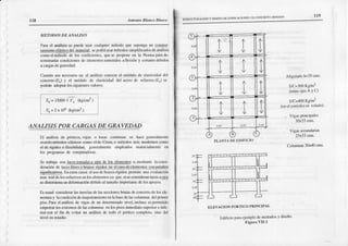 11t Ai.o¡ío Rlanco BLLs.o
)
)
)
)
MDTODOSDL ANAI,TSIS
Paracl ffáüsis se puedeusarcoahuier métodoque sufDngaüo comDor-
ta¡nicntoel¿isticodel
rráterial; scp(üráusarmétodos
simplific¡dosdeanálisis
cof|roel métodode los coeficientes,qlrcsc proF)ne en la Nofmapdrade-
tenn¡nadas
condicron€s
de ele rcntossomctidos¡flexiól y cortánrcdebid{x
flcafSas
dcSravcd¡d.
CuaDdoseanecesa¡io
eo el anflisis cox)cer el nródulode el¡slicidad dcl
coÍcreto(EJ y cl módulo de elasúcid¡d dct accrodc refucrzo(E) !É
podránadopta¡lossiguien(es
valores:
E= lrxn I fc Gs/cm2.)
E=2x t06 (ke/cfn2.)
ANALI SISPOR CARGASDE GRAVEDAD
EI anáis¡s dc ñticos, vigas o losas contmuas s'c lucc geocmlm€nc
usandométod$clá5ico6con¡oeldc Cross,o métodosnrásmodemoscülo
el dc rigidezo flexiti¡iil¡d, 8e e¡al¡nente clnplcados malricia]rnmte er
los progra¡nasdc compufadoc6.
Sc rabaja con.!!s$l9q4E!3j]i€lqbE-dg!19!!qi o,medianrc lac(mú-
dcracióndc luceslibr€sv bnzos ríqidosco c
!g!!@!Jg$. Eí cst6 casoselusodcb.¿7,os
rígrdospermitc um €vaiuaciór
masrea¡deloscsfucrr¡scoloselemeltosya que,siseconsidcran
luccs¡gjE
sedistorsiona
súdefor¡nació¡r
dcbidoal ünnáño
imfDnántedelosapoyos.
Esusoal coosidcrar¡¡s inerc:i¡s
del¡s secciones
bruü¿s
dccoocrcodc ¡osclc-
mentos
y lacondiciónile empofamicotocnlabase
delascolumnasdcl prifter
piso.Parael¿nálisisde vigas de un detcmin&ro rivcl, incloso cspcmilido
empotrárlose¡rem¡x dclascoluÍmas enlospisosinmediaro
süfterioreirfe-
riorc(n el frn de cvilár un a¡lilisis de todo el Fktico coÍplero, sioo del
nivel eoesnrdio.
119
ES'TNUCTI,¡ CTONY fXS6¡O DE EDIÍ¡CACTONE5 DE CONCRF:TO
ARMADO
@l.-,
+
+
-l.
't
Aligcrado
h=20ons
S/C=300Kgm'z
(entrecjesAYC)
S/C=400Ke/nr2
(coclcorcdorcn volado)
. Vigasprincipalcs
30x55
cms
Vigass¿cunda¡as
2)XJ) CmS.
Column¡s
30x¿10
cns.
9LEVACTON
fORTICO PRINCIPAL
Etiftcio f'6r¿€jemplodemeirados
y disoño'
FiguraVII-I
CI CII
CI I 0
I I I
I I
ü 0
C
) (B
fl.ANTA I}E I'D¡NCIO
 