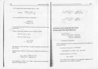 Antoniú ltktrco nhl.reo [sr Rtx]t uR^cloN Y DN'ÑO ttlt llttFlcacloN[s tf ¡f)N'Rm) aR{al x)
Si^'s (sunerior)
fluycdebedcunrpl¡¡.te
qüc€.s > Mts
r).ü'3
(r- pr'r')
De Ia!.cu¡cÍtn ¡oreriorsedes¡cjnr, obrenió{.ttse:
(¡(x)1fl
rd'Es
Ds
0.tru1ljs - fy
Lo qucreproscntir
cl valordcl bk{oc ('crl||gü t!¡¡c¡rnfxiorii.tocquivalenrcfr.úa
Si áll)r¡ s¡jlhnler porcquilibrio t¡rsun|rdelücf¿:lssctcndrá:
(J.85
f'cb¡ + A sly =
^s
fy
0.85f: b.r = (As- A's)ly
a2
(As A's)ry
_
{J.ll5t,. b
Qucrirprec¡lt¡
cl vitkr dcl bl(quc&rctal|güt¡r
(r) rfrinidú cqu¡v¡tcolc
füüir
Recnrpl¡z.rdo el v¡lor dc "a" en lá eflirión otierida IDr deforn:ridres sc
tendú:
(As- A's)fy _
-bJ5
4-r=
s¡ sc feempl¡zap = AvM y p'= A'vbd $epucdeescfibif t| desigu¡td¿d
rnleriordela siguiemc
nr.:üuru:
0.003
0r d' Es
0.001
Es-fy
;>
0.85rc Fr dl
d ly
np
0.85r''c p! d'
l0.tn3Esl
rorx,tL;lyr
tó0(nl
t6txx,tlr
o ry
EJEMPI,O DE DISEÑO DD VIGA
DOBLEMDNTE REFORZADA
Vi3¡ 30x 6l)c'ns
lvftnnctoúllir¡ro
xclu rr¡c=50t{ irlrl
ConúctoIc=210Kg/cürl
Alr¡ro lY = 42fi) Kg/elrr:
Detclmirrü cl As rcqucrido
l)rin|!'r)dctcnnio:lnx,s
h nrlx¡ttt¡c¿Fcid¡ürcsisierr¡o
dcl¡vig¡ sit ¡bmenl€
rcli,r¡d¡ ({).75
pbl
l)¿ h t¡ñlr dc Ku-p rrÚ'r tü = 210Kg/c[i
VdI'r|nlximodc p=00162 Pr¡¡ Ku=49'53
Mqncnt() áxinoü)|l P=075f
yr, = xutxt:
Como sxbemos
quc el rcfucr¿ovaa serínPJftarle tñb¡lj¡¡rnoscon 2
c¡p¡Ndeactnr lo cunlcoollcvaaconsl(le|.'tl:
 
