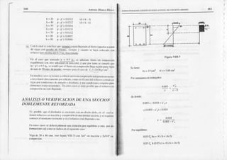 Aúonio ltlancu lthrco ÉSTRTJC-ÍUR^CI( Y DISF¡O DDEDI}ICACIONrI DE CON'REIO ARMAIX) 161
)
)
h=20 p-p >0.t1212
h=40 p - p'> ().02
|2
¡=50 p-p'>{J.0l6l
lr=al) p-n'>(lltl3l
h = 70 p - p'> 0.(lll2
h=81) n-p'>0.(lD7
h=¡n) p-p >0.(1186
(d=h-t)
(d=h-ó)
+!!r¡+
.;]i Crn¡l(,cux¡scco'rcluvtqücjg!]llúllritlnl llüycndoetñcrrosupcrior
i prrlir
de lrlus (.(rrM!19_!gj$sr]! sic¡rrDrcv (l'¡n¡to c h¡ya d)rr'c¡do csrc
rclucr/'r n(r cnc¡nrndcl0.75 p! üi¡cen,0¡tlo.
ll {l cxso quc t|j x.rxl,r p = r).5 f},, sc J¡ji..i¡,rrcti(.m, (.n fi|n,¡¡cn,n
{¡rquilih¡rJ,,r,{r otro ndi(i¡nrnt( |l- c. rútrr.y quc Frr t¡ tr, (. cunrftr quc
(t - p ) = () r nh.(. rrrhlni qu( ct ti(.ff.' (tr (n'rnr(s¡lfl fluyü ¡,i(¡(tnrnrn vi!:¡s
Jc nr¡ J. Zl!j!j!!l!g. rjtr,prr' rür ct (.¿(,d|j t. - 2lO Kr,/ errl
lh n)uch()s
ci¡nNscrc¡iuÍc ¡ d)t(|(:triKr!,ro
cr c:tüDprcsitu
itdcpcodiclre rnrc
ir Dcccs¡r¡úl)
drr0cr¡rfi¡c
(c ¡r cftcuk
',
co¡nocsct c¡sr)dct fttucr¿ocorido cn
!i-!rs ¡)r condirb'rc dc rrfi|trju d dcr¡¡tir¡to,
y fx,r (:oüj¡cn,rcscxigidt!,tf,rü¡
crc¡Nn¡)s srsrnrFrcsisrentes.
lj cstdsc¡r)s cs ||ruyfxib¡c qucct fel.ü.,rr,cr
co¡Iftrcsi(trno cstétluycndo.
ANAI,I SO VERIFICACION DE I]NA SECCION
DOBLEMENTE REFORZADA
¡ls ftosiblcqt¡ecl dislri¡¡(l(r
sccocucfi¡rc
cu¡ rrrdi{.¡¡¡rdrt,,. c ct üd s¡)
lrtuenreluerzt'r
entñKci(in
y dn lfcsi(fuct|ün¿ltis¡rH
scccirt[y scrcqüicr¿
coturercl t¡r(xnento
rcsitcntc
v sicl rcl¡crzo(.ltiá
lluycñloo ||o.
Iil cslosc¡s('ssedebcr¿i
pl nrc¡r or¡ ecu¿ci¡tn
fDr cquitibrir)y oü-¡ F,r ¡jc-
l{imúciorcs fa¡cdno scindi6 cncl siguicotcc'¡L{{):
Vigr dr J0 J(ó{,cms.¡vcr l¡gu¡¡ VII¡-7)con3ol.'en tr:rccnrn
y 2o.}/.t"
cn
|r¡gur¿VIII-7
Scüeoe:
^s
= l5 c¡nl As = 5.68cúÍ
Pff semcj¡nzxdetriftrgu¡os:
0.t103 e s
dc donde:
0-003c-0.018=€sc
c (0.ü)3- e'") = 0018
0.018
c =
oiú3 - €i
Pü qNilitrio:
0.85t ba+ A'sfs= AsfY
0.85
q b(0.85
c)+ A'sfs= AslY
 
