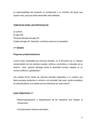 La responsabilidad del protocolo, le corresponde a un miembro del grupo que
sugiere rotar, para que todos desarrollen esta habilidad.




TEMATICAS PARA LOS PROTOCOLOS


La colonia.
El siglo XIX.
Primeras décadas del siglo XX.
Finales del siglo XX, Colombia y América Latina en la actualidad


11º GRADO


Preguntas problematizadoras:


¿Cómo hacer enseñables las Ciencias Sociales, en la formación de un maestro
comprometido con los cambios sociales, políticos, económicos y culturales de su
entorno,   para   generar liderazgo frente al desarrollo humano integral, en un
mundo conflictivo y globalizado?


¿Es posible formar desde las Ciencias Sociales Integradas a un maestro que
lidere procesos tendientes a construir una sociedad más justa, donde prevalezca
el multiculturalismo y el respeto por las tradiciones de cada cultura?




EJES TEMATICOS 11º


    Reconceptualización    y resignificación de las disciplinas que integran el
     componente.


    Transformación   histórica del Estado.



                                                                             15
 