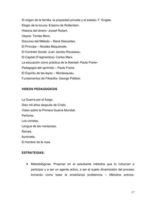 El origen de la familia, la propiedad privada y el estado- F. Engels.
Elogio de la locura- Erasmo de Rotterdam.
Historia del dinero- Jozsef Robert.
Utopía- Tomás Moro.
Discurso del Método – René Descartes.
El Príncipe – Nicolás Maquiavelo.
El Contrato Social- Juan Jacobo Rousseau.
El Capital (Fragmentos)- Carlos Marx.
La educación como práctica de la libertad- Paulo Freire-
Pedagogía del oprimido – Paulo Freire.
El Espíritu de las leyes – Montesquiau.
Fundamentos de Filosofía- George Politzer.


VIDEOS PEDAGOGICOS


La Guerra por el fuego.
Diez mil años después de Cristo.
Video sobre la Primera Guerra Mundial.
Perfume.
Los coristas.
Lengua de las mariposas.
Raíces.
Iluminatis.
El hombre de la rosa.


ESTRATEGIAS:


   • Metodológicas: Propiciar en el estudiante métodos que lo induzcan a
       participar y a ser un agente activo, a ser el sujeto dinamizador del proceso
       tomando como base la enseñanza problemica – Métodos activos-




                                                                                17
 