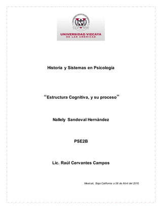 Historia y Sistemas en Psicología
“Estructura Cognitiva, y su proceso”
Nallely Sandoval Hernández
PSE2B
Lic. Raúl Cervantes Campos
Mexicali, Baja California a 08 de Abril del 2016.
 