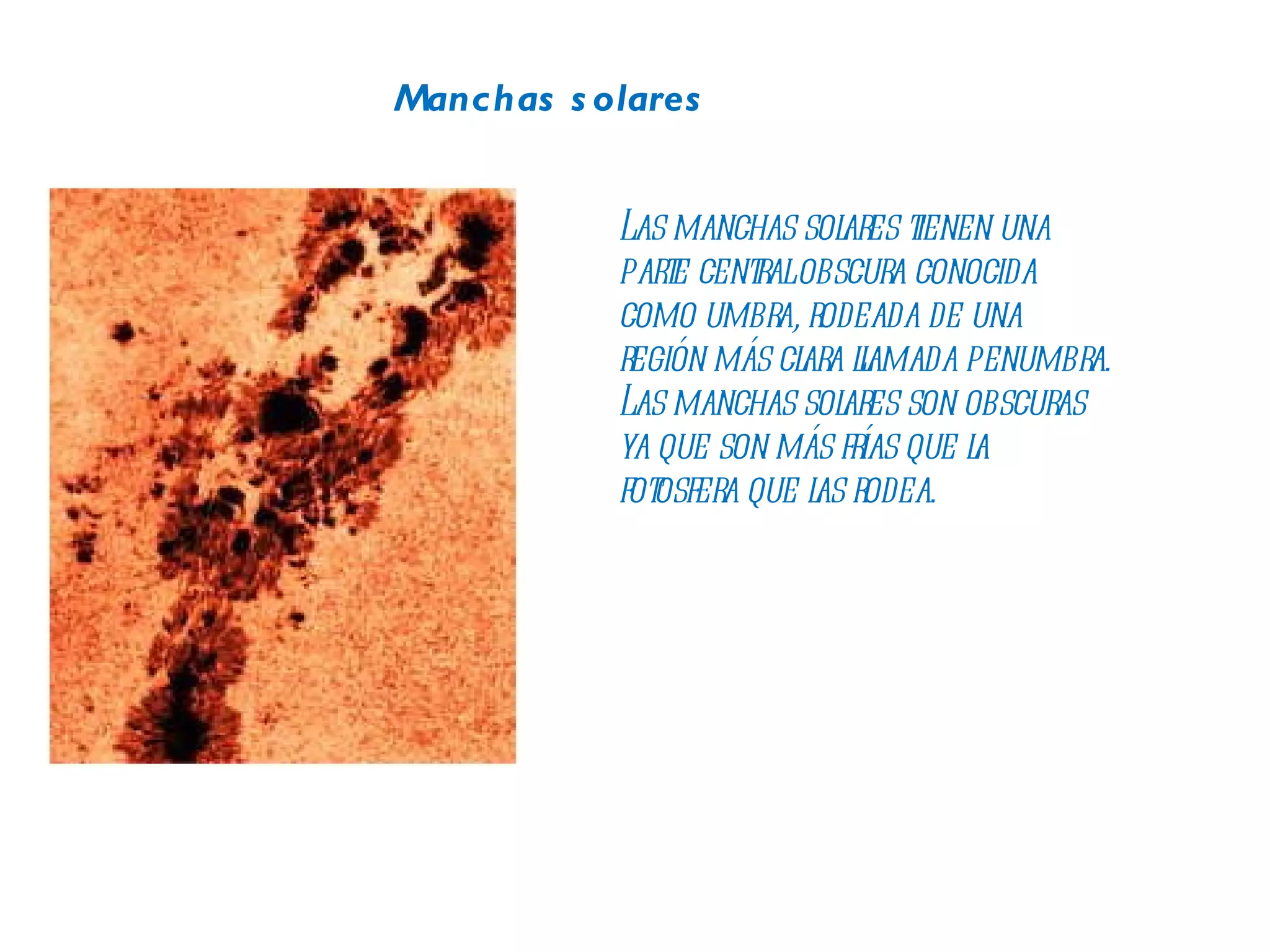 Manchas solares Las manchas solares tienen una  parte central obscura conocida  como umbra, rodeada de una  región más clara llamada penumbra.  Las manchas solares son obscuras  ya que son más frías que la  fotosfera que las rodea. 