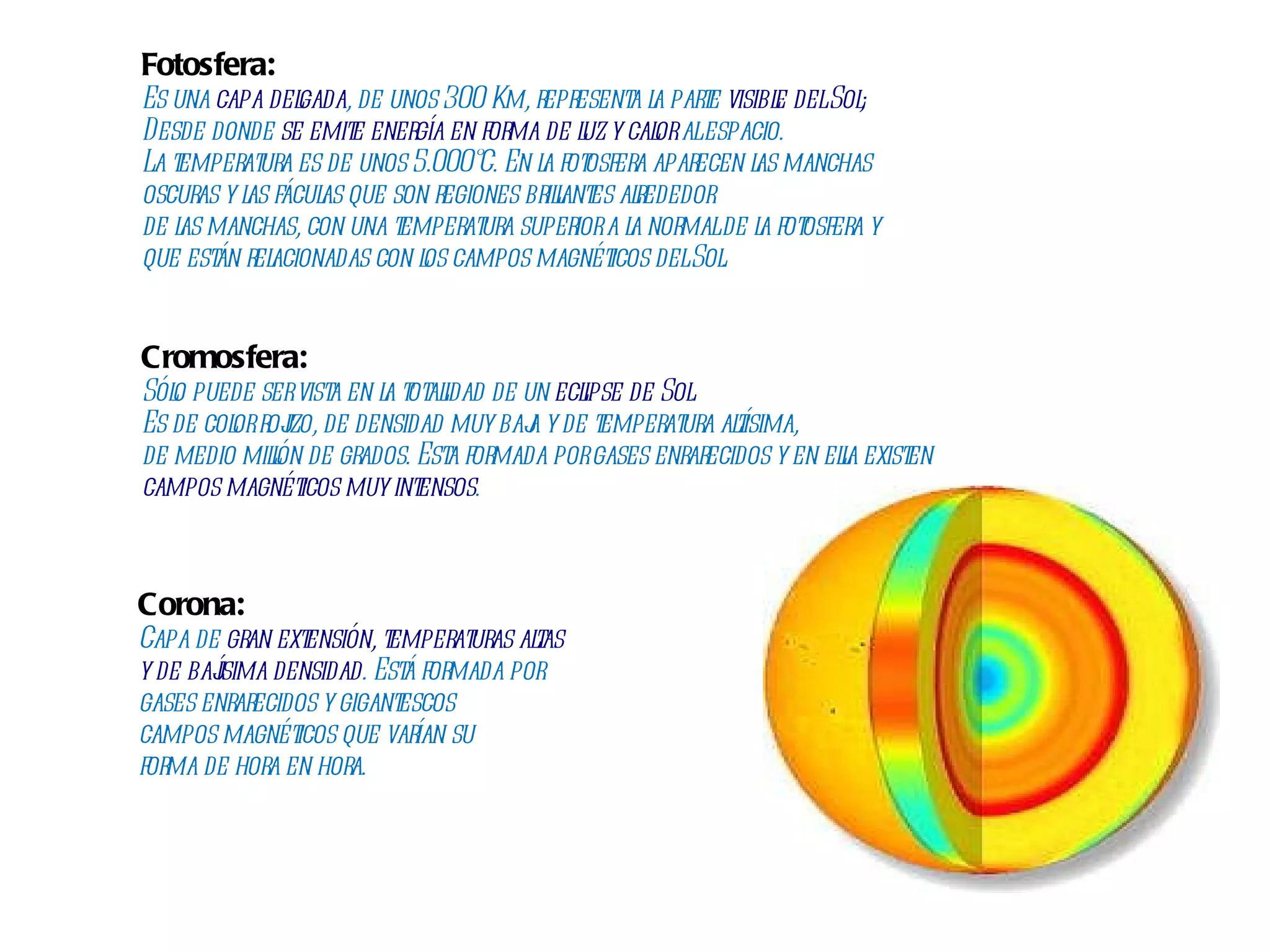 Fotosfera: Es una  capa delgada , de unos 300 Km, representa la parte  visible del Sol;   Desde donde  se emite energía en forma de luz y calor  al espacio.  La temperatura es de unos 5.000°C. En la fotosfera aparecen las manchas  oscuras y las fáculas que son regiones brillantes alrededor  de las manchas, con una temperatura superior a la normal de la fotosfera y  que están relacionadas con los campos magnéticos del Sol. Cromosfera: Sólo puede ser vista en la totalidad de un  eclipse de Sol .  Es de color rojizo, de densidad muy baja y de temperatura altísima,  de medio millón de grados. Esta formada por gases enrarecidos y en ella existen  campos magnéticos muy intensos . Corona: Capa de  gran extensión, temperaturas altas  y de bajísima densidad . Está formada por  gases enrarecidos y gigantescos  campos magnéticos que varían su  forma de hora en hora. 