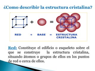 ¿Como describir la estructura cristalina?
Red: Constituye el edificio o esqueleto sobre el
que se construye la estructura cristalina,
situando átomos o grupos de ellos en los puntos
de red o cerca de ellos.
 