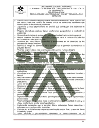 Modelo de Mejora
Continua
LÍNEA TECNOLÓGICA DEL PROGRAMA:
TECNOLOGÍAS DE INFORMACIÓN Y LA COMUNICACIÓN – GESTIÓN DE
LA INFORMACIÓN
RED TECNOLÓGICA :
TECNOLOGÍAS DE LA INFORMACIÓN Y DISEÑO Y DESARROLLO DE
SOFTWARE
18
 Identifica la contribución del programa de formación al desarrollo social y productivo
del sector y del país. Analiza de manera crítica las situaciones pertinentes que
contribuyen a la resolución de problemas.
 Argumenta y acoge objetivamente los criterios que contribuyen a la resolución de
problemas
 Propone alternativas creativas, lógicas y coherentes que posibiliten la resolución de
problemas
 Desarrolla actividades de autogestión orientadas hacia el mejoramiento personal
 Aborda procesos de trabajo colaborativo orientados hacia la construcción colectiva
en contextos sociales y productivos.
 Armoniza los componentes racionales y emocionales en el desarrollo de los
procesos de trabajo colectivo.
 Identifica e integra los elementos de su contexto que le permiten redimensionar su
proyecto de vida.
 Vivencia su proyecto de vida en el marco del Desarrollo Humano Integral
 Se comunica fácilmente con los miembros de la comunidad educativa.
 Establece procesos comunicativos asertivos que posibilitan la convivencia en los
contextos social y productivo
 Resuelve conflictos mediante el uso de la racionalidad, la argumentación y la
asertividad.
 Establece acuerdos mediante el uso de procesos comunicativos, racionales y
argumentados orientados hacia la resolución de problemas.
 Aporta elementos en la construcción colectiva del conocimiento
 Optimiza los recursos requeridos en el desarrollo de sus actividades formativas y
productivas.
 Contribuye en el cuidado y uso de los elementos que integran su entorno formativo y
laboral.
 Dispone los residuos teniendo en cuenta las normas de clasificación de los mismos.
 Mantiene limpio y ordenado el lugar donde desarrolla sus actividades formativas y
productivas.
 Aplica los test de condición física según estándares.
 Selecciona los ejercicios para el plan de acondicionamiento físico
 Elabora el plan de acondicionamiento físico, según sistemas de entrenamiento físico
 Diagnóstica los riesgos ergonómicos y psicosociales de su desempeño laboral.
 Selecciona las técnicas de cultura física para prevenir riesgos ergonómicos y
psicosociales.
 Implementa técnicas de cultura física para la prevención de riesgos ergonómicos y
psicosociales
 Valora el impacto de la cultura física en el mejoramiento de la calidad de vida y su
efecto en el entorno familiar social y productivo.
 Implementa estrategias que le permitan liderar actividades físicas deportivas y
culturales en contexto social y productivo.
 Participa en actividades que requieren coordinación motriz fina y gruesa de forma
individual y grupal.
 Aplica técnicas y procedimientos orientados al perfeccionamiento de la
 