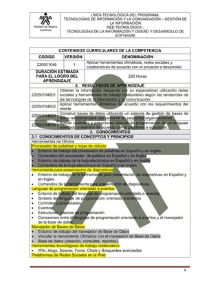 Modelo de Mejora
Continua
LÍNEA TECNOLÓGICA DEL PROGRAMA:
TECNOLOGÍAS DE INFORMACIÓN Y LA COMUNICACIÓN – GESTIÓN DE
LA INFORMACIÓN
RED TECNOLÓGICA :
TECNOLOGÍAS DE LA INFORMACIÓN Y DISEÑO Y DESARROLLO DE
SOFTWARE
4
CONTENIDOS CURRICULARES DE LA COMPETENCIA
CODIGO VERSION DENOMINACION
220501046 1
Aplicar herramientas ofimáticas, redes sociales y
colaborativas de acuerdo con el proyecto a desarrollar
DURACIÓN ESTIMADA
PARA EL LOGRO DEL
APRENDIZAJE
220 Horas
2. RESULTADOS DE APRENDIZAJE
22050104601
Obtener la información requerida por su especialidad utilizando redes
sociales y herramientas de trabajo colaborativo según las tendencias de
las tecnologías de la información y la comunicación.
22050104602
Aplicar herramientas ofimáticas de acuerdo con los requerimientos del
cliente
22050104603
Construir bases de datos utilizando un sistema de gestión de bases de
datos relacional para uso personal en pequeñas organizaciones.
22050104604
Aplicar controles y estructuras básicas de programación de un lenguaje
orientado a eventos de acuerdo con el problema a solucionar.
3. CONOCIMIENTOS
3.1 CONOCIMIENTOS DE CONCEPTOS Y PRINCIPIOS
Herramientas de Oficina
Procesador de palabras y hojas de cálculo
 Entorno de trabajo del procesador de palabras en Español y en Inglés.
 Comandos del procesador de palabra en Español y en Inglés
 Entorno de trabajo de la hoja electrónica en Español y en Inglés
 Comandos de la hoja electrónica en Español y en Inglés
Herramienta para presentación de diapositivas
 Entorno de trabajo de la herramienta para presentación de diapositivas en Español y
en Inglés
 Comandos de la herramienta para presentación de diapositivas.
Lenguaje de programación orientado a eventos
 Entorno de trabajo del lenguaje de programación orientado a eventos
 Sintaxis del lenguaje de programación orientado a eventos
 Controles y propiedades
 Eventos
 Estructuras básicas de programación
 Conexiones entre el lenguaje de programación orientado a eventos y el manejador
de la base de datos
Manejador de Bases de Datos
 Entorno de trabajo del manejador de Base de Datos
 Vincular la herramienta Ofimática con el manejador de Base de Datos
 Base de datos (creación, consultas, reportes).
Herramientas tecnológicas de trabajo colaborativo
 Wiki, blogs, Spaces, Foros, Chats y Búsquedas avanzadas
Plataformas de Redes Sociales en la Web
 