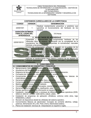 Modelo de Mejora
Continua
LÍNEA TECNOLÓGICA DEL PROGRAMA:
TECNOLOGÍAS DE INFORMACIÓN Y LA COMUNICACIÓN – GESTIÓN DE
LA INFORMACIÓN
RED TECNOLÓGICA :
TECNOLOGÍAS DE LA INFORMACIÓN Y DISEÑO Y DESARROLLO DE
SOFTWARE
6
CONTENIDOS CURRICULARES DE LA COMPETENCIA
CODIGO VERSION DENOMINACION
220501001 1
Realizar mantenimiento preventivo y predictivo que
garantice el funcionamiento del hardware de los
equipos.
DURACIÓN ESTIMADA
PARA EL LOGRO DEL
APRENDIZAJE
310 Horas
2. RESULTADOS DE APRENDIZAJE
22050100101
Ensamblar y desensamblar los componentes hardware de los
diferentes tipos de equipos, de acuerdo con la complejidad de la
arquitectura, las herramientas requeridas, la normatividad, manuales
técnicos, y los procedimientos.
22050100102
Instalar los componentes software de acuerdo con el análisis de los
requerimientos de información, la tecnología del equipo, los manuales
del fabricante y las necesidades del cliente.
22050100103
Verificar el estado de operación del equipo aplicando herramientas de
software legales según el manual de procedimientos de la empresa y
respondiendo a las necesidades del cliente
22050100104
Ejecutar el mantenimiento físico interno y externo de los equipos de
cómputo aplicando las técnicas, insumos, manuales y procedimientos
establecidos.
3. CONOCIMIENTOS
3.1 CONOCIMIENTOS DE CONCEPTOS Y PRINCIPIOS
 Mantenimiento: Definiciones, clasificación, técnicas y planes.
 Arquitectura del Hardware de los equipos de cómputo.
 Diagrama de bloques: Concepto, clasificación y técnicas de elaboración.
 Conceptos de: Conectores, ranuras de expansión, sockets.
 Componentes electrónicos: Métodos de análisis y operaciones básicas de
matemáticas y físicas.
 Herramientas de diagnóstico software: tipos, aplicación.
 Componentes electrónicos análogos y digitales: Características y clasificación.
 Mediciones electrónicas: Tipos y métodos.
 Circuitos básicos electrónicos: Conceptos, características y operaciones.
 Herramientas de trabajo: Tipos, clasificación, usos.
 Manejo operacional básico de información en equipos de computo.
 Instalación, manejo, operación y arranque de diferentes sistemas operativos (DOS,
WIN 9.X, WIN NT, WIN XP, WIN VISTA, LINUX, UNÍX)
 Instalación de programas de aplicación ofimáticos, antivirus entre otros, bajo
WINDOWS y LINUX.
 Revisión de dispositivos desde las utilidades del sistema operativo.
 Conocimientos Básicos de electricidad: Concepto de corriente eléctrica, voltaje,
potencia, Alimentación AC y DC, Polo a tierra, Electricidad estática.
 Planos de instalación: técnicas de interpretación en español e inglés.
 