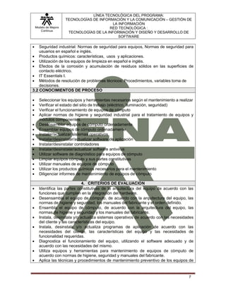 Modelo de Mejora
Continua
LÍNEA TECNOLÓGICA DEL PROGRAMA:
TECNOLOGÍAS DE INFORMACIÓN Y LA COMUNICACIÓN – GESTIÓN DE
LA INFORMACIÓN
RED TECNOLÓGICA :
TECNOLOGÍAS DE LA INFORMACIÓN Y DISEÑO Y DESARROLLO DE
SOFTWARE
7
 Seguridad industrial: Normas de seguridad para equipos, Normas de seguridad para
usuarios en español e inglés.
 Productos químicos: características, usos y aplicaciones.
 Utilización de los equipos de limpieza en español e inglés.
 Efectos de la corrosión y acumulación de residuos sólidos en las superficies de
contacto eléctrico.
 IT Essentials I.
 Métodos de resolución de problemas técnicos: Procedimientos, variables toma de
decisiones.
3.2 CONOCIMIENTOS DE PROCESO
 Seleccionar los equipos y herramientas necesarios según el mantenimiento a realizar
 Verificar el estado del sitio de trabajo (eléctrico, iluminación, seguridad)
 Verificar el funcionamiento de equipos de cómputo
 Aplicar normas de higiene y seguridad industrial para el tratamiento de equipos y
módulos componentes.
 Desensamblar equipos de cómputo ordenadamente.
 Ensamblar equipos de cómputo ordenadamente
 Instalar/actualizar sistemas operativos
 Instalar/desinstalar/actualizar software de aplicación
 Instalar/desinstalar controladores
 Instalar/desinstalar/actualizar software antivirus
 Utilizar software de diagnóstico para equipos de cómputo
 Limpiar equipos cómputo y sus partes constitutivas
 Utilizar manuales de equipos de cómputo
 Utilizar los productos químicos necesarios para el mantenimiento
 Diligenciar informes de mantenimiento de equipos de cómputo
4. CRITERIOS DE EVALUACION
 Identifica las partes constitutivas de la arquitectura del equipo de acuerdo con las
funciones que cumplen en la integración del hardware.
 Desensambla el equipo de cómputo, de acuerdo con la arquitectura del equipo, las
normas de higiene y seguridad, los manuales del fabricante y el orden definido.
 Ensambla el equipo de cómputo, de acuerdo con la arquitectura del equipo, las
normas de higiene y seguridad y los manuales del fabricante.
 Instala, desinstala y/o actualiza sistemas operativos de acuerdo con las necesidades
del cliente y las características del equipo.
 Instala, desinstala y/o actualiza programas de aplicación de acuerdo con las
necesidades del cliente, las características del equipo y las necesidades de
funcionalidad requeridas.
 Diagnostica el funcionamiento del equipo, utilizando el software adecuado y de
acuerdo con las necesidades del mismo.
 Utiliza equipos y herramientas para mantenimiento de equipos de cómputo de
acuerdo con normas de higiene, seguridad y manuales del fabricante.
 Aplica las técnicas y procedimientos de mantenimiento preventivo de los equipos de
 